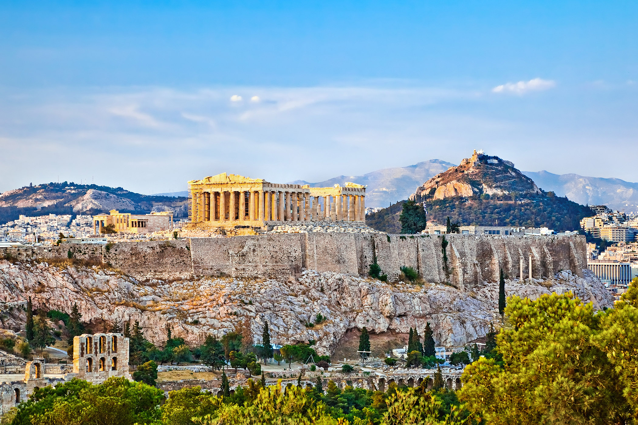 View on Acropolis at sunset, Athens, Greece.