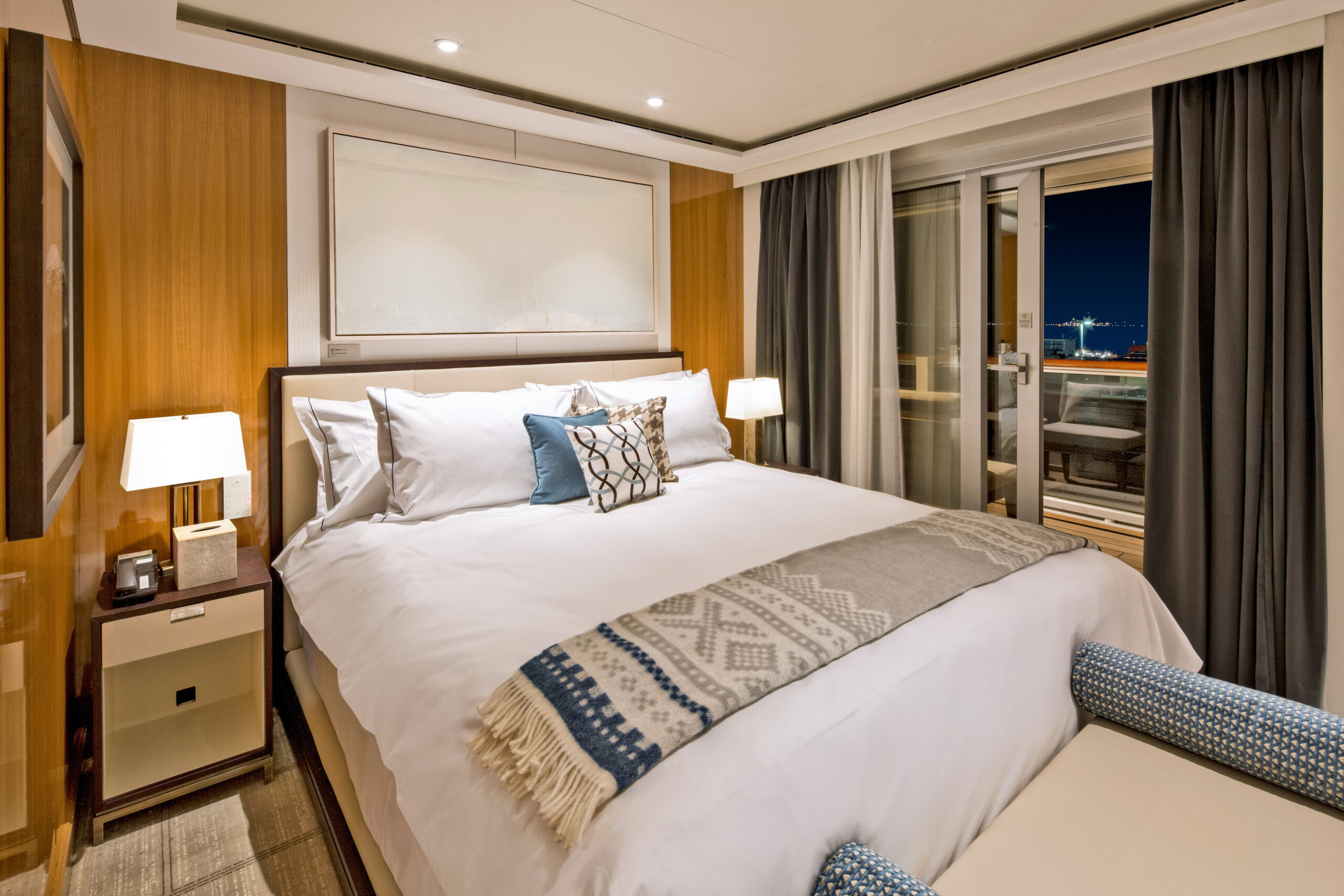 The Owner's Suite Stateroom bed on-board the Viking Star.