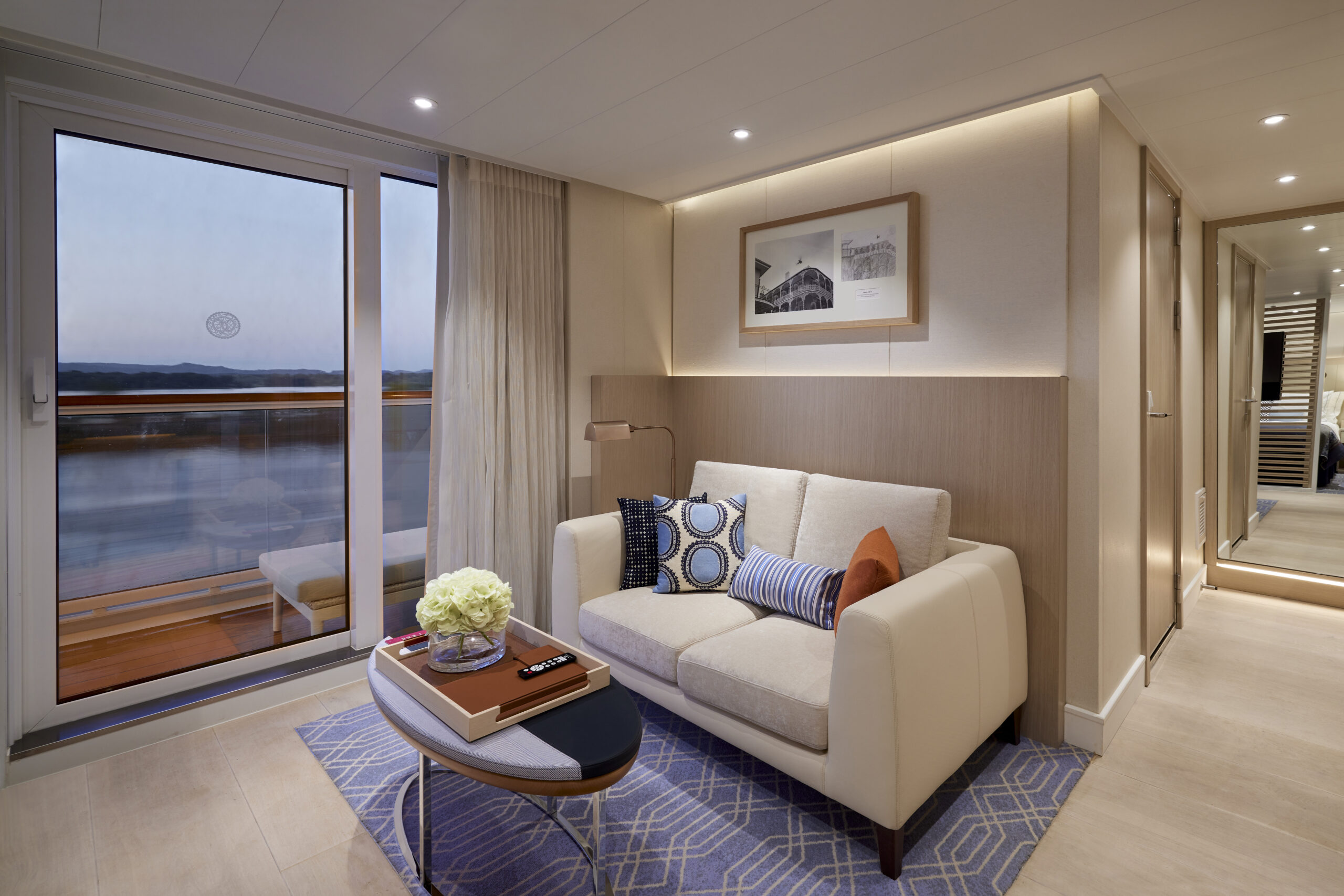 The living room inside the Terrace Suite Stateroom cabin on board the Viking Mississippi
